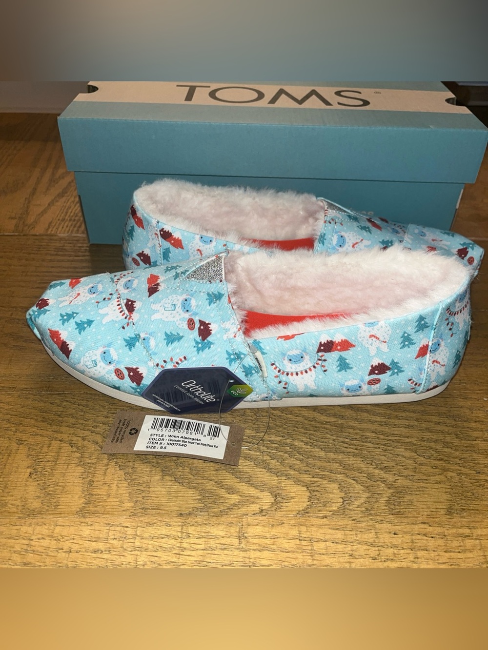 TOMS Alpargata Faux Fur Lined Slip-Ons Clearwater Blue Snow Yeti Print Sz 9.5